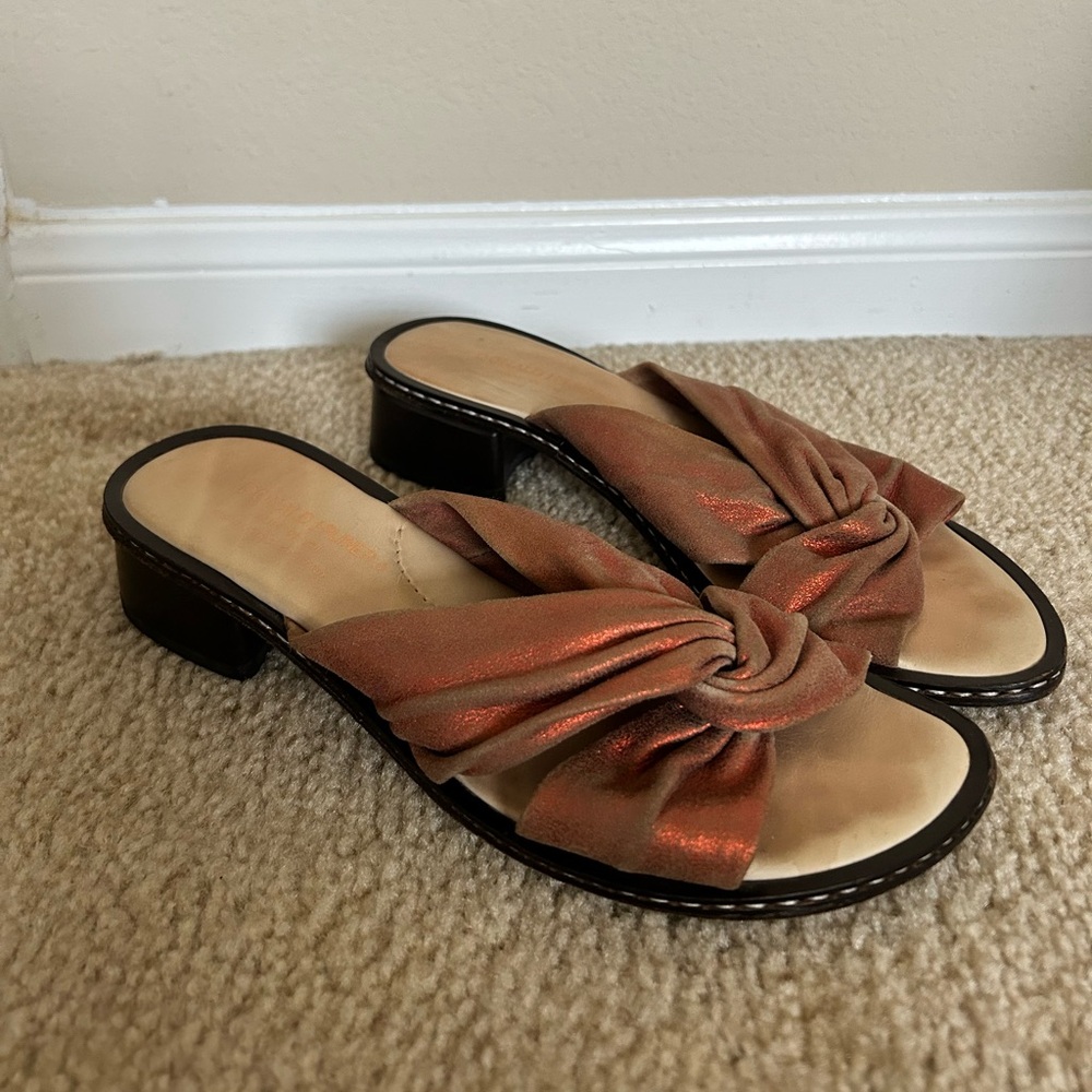 Donald J Pliner Slide Sandal Cross Twist Strap Stacked Heel Orange Shimmer Sz 7